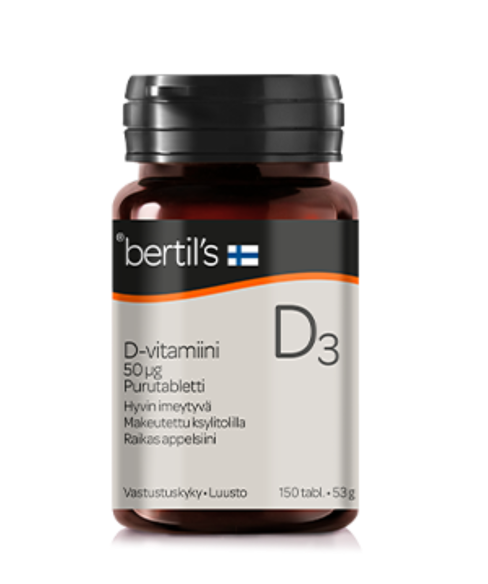 Bertil's Vitamin D3-vitamiini 50 µg purutabletti - raikas appelsiini 150 tabl.