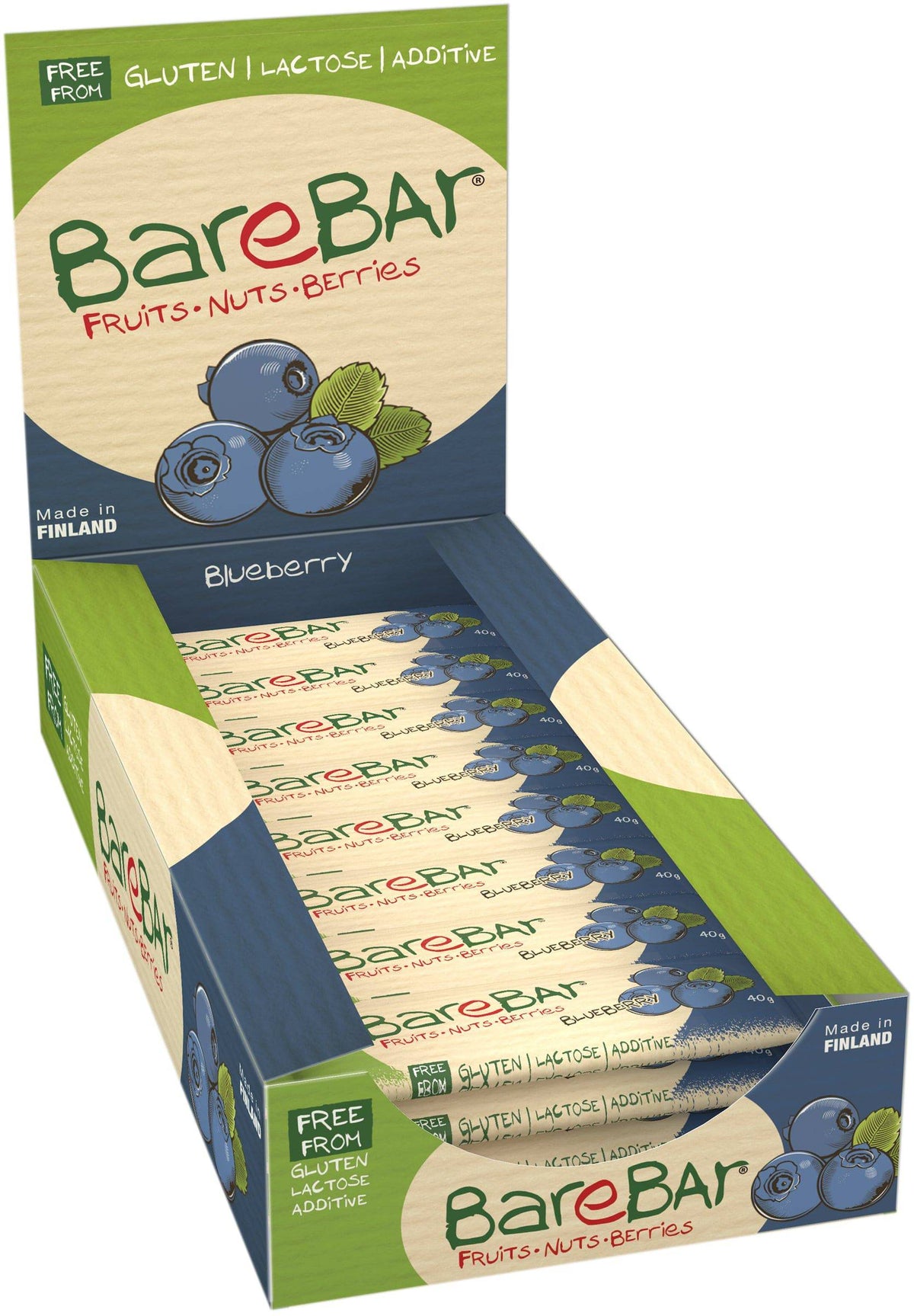 Leader BareBar Taateli-mustikkapatukka 24 x 40 g tukkupakkaus - Päiväys 09/2022 - Sinunapteekki.fi