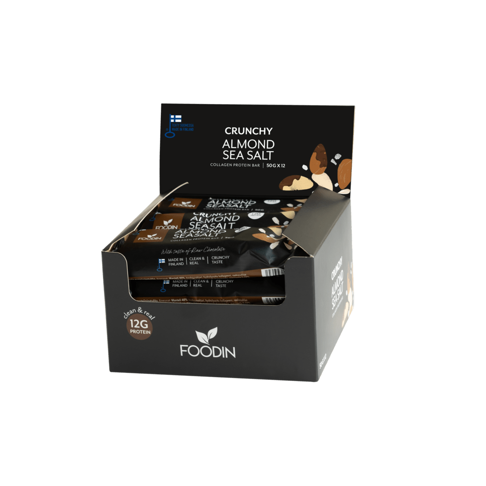 Foodin Crunchy Collagen Protein Bar Almond Seasalt - Kollageeni patukka - tukkupakkaus 50 g x 12 kpl - Sinunapteekki.fi
