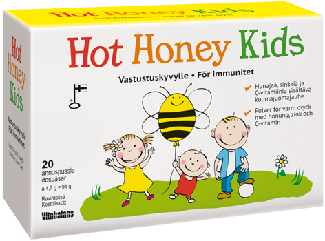 Hot Honey Kids - C-vitamiini - sinkki - hunaja - Kuumajuomajauhe 20 pss - Huom! Pakkaus vaurioitunut, tuote käyttökelpoinen.