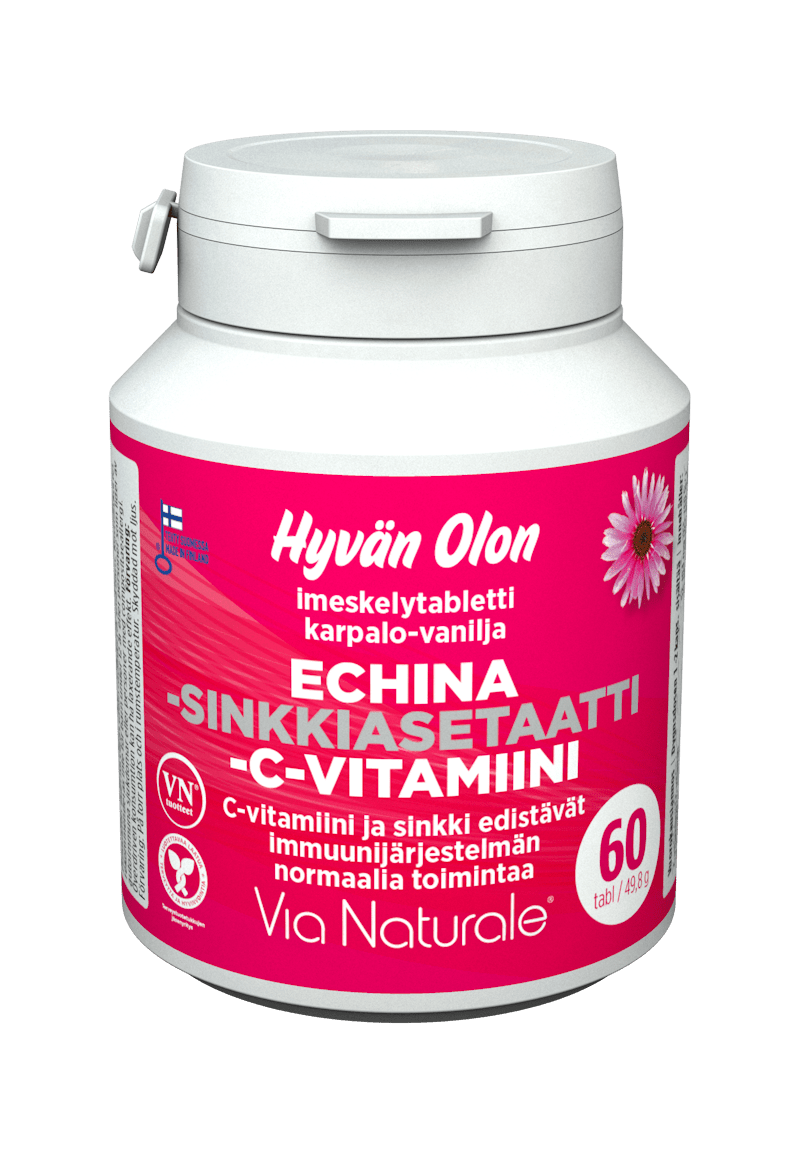 Hyvän Olon Echina- Sinkkiasetaatti - C-vitamiini Imeskelytabletti karpalo-vanilja 60 tabl. - Päiväys 17/03/2024 - poistuu - Sinunapteekki.fi