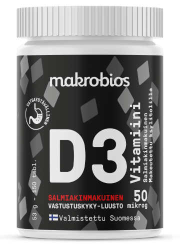 Makrobios D3 Vitamiini Salmiakki 50 μg - pureskeltava 150 tabl. - Sinunapteekki.fi