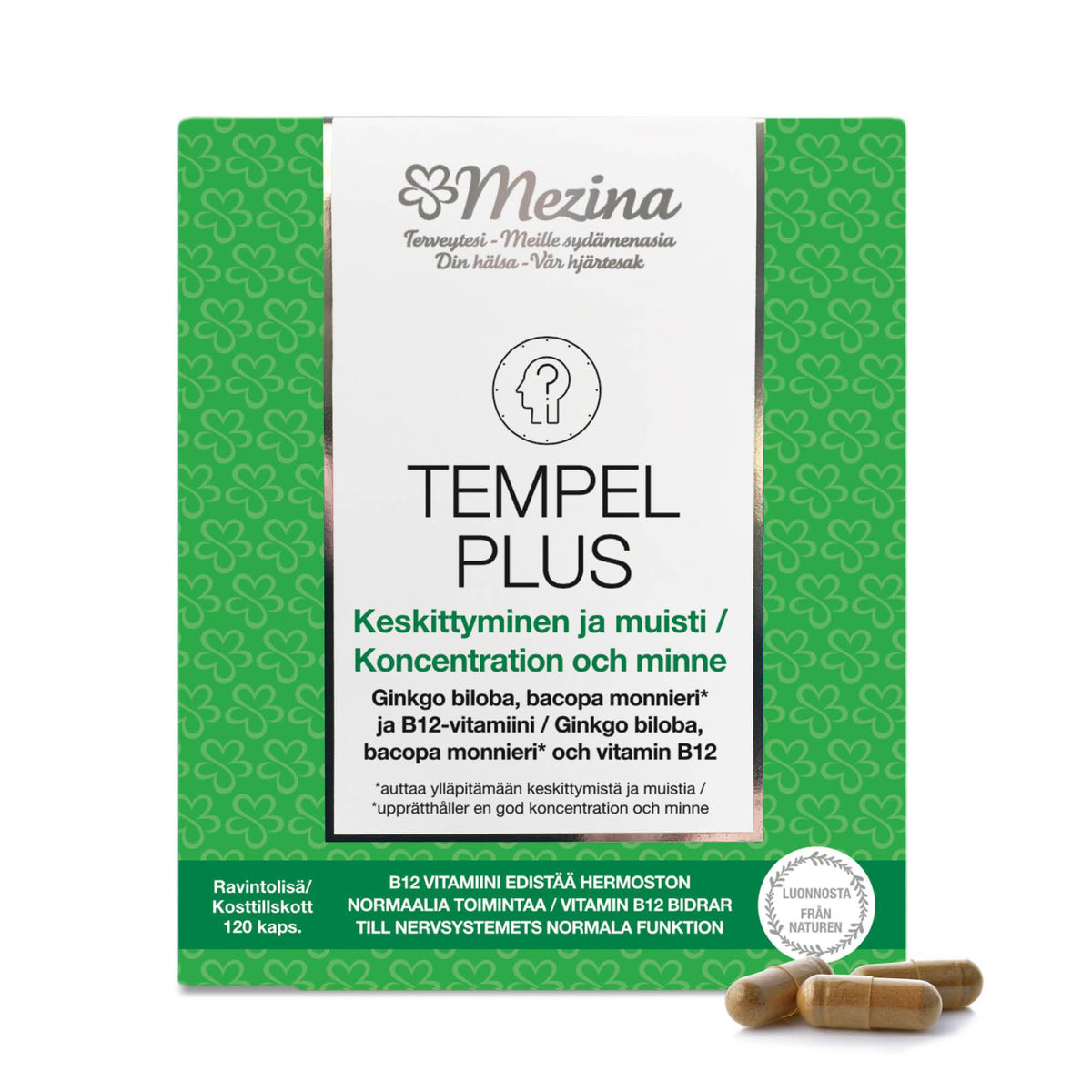 Tempel Plus - Ginkgo Biloba, Bacopa Monnieri ja B12-vitamiini - 120 kaps. - Päiväys 12/2024 - Sinunapteekki.fi
