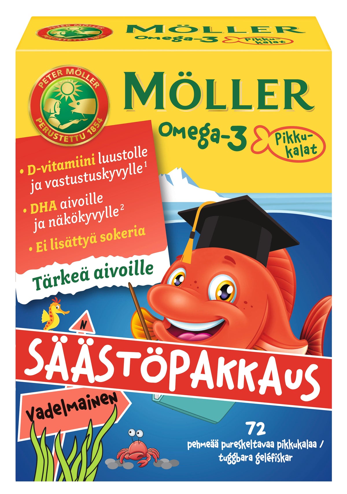 Möller Omega-3 Pikkukalat Vadelmainen - Säästöpakkaus 72 pureskeltavaa pikkukalaa - Sinunapteekki.fi