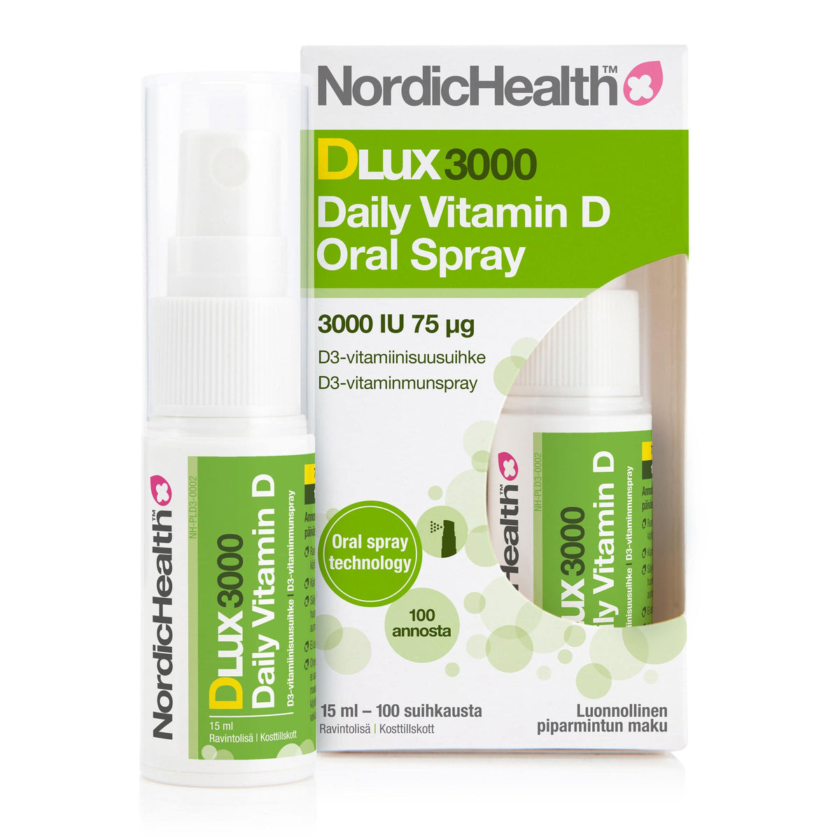 Nordic Health Dlux 3000 Daily Vitamin D Oral Spray - D3-Vitamiinisuusuihke 75 μg 15 ml - Sinunapteekki.fi