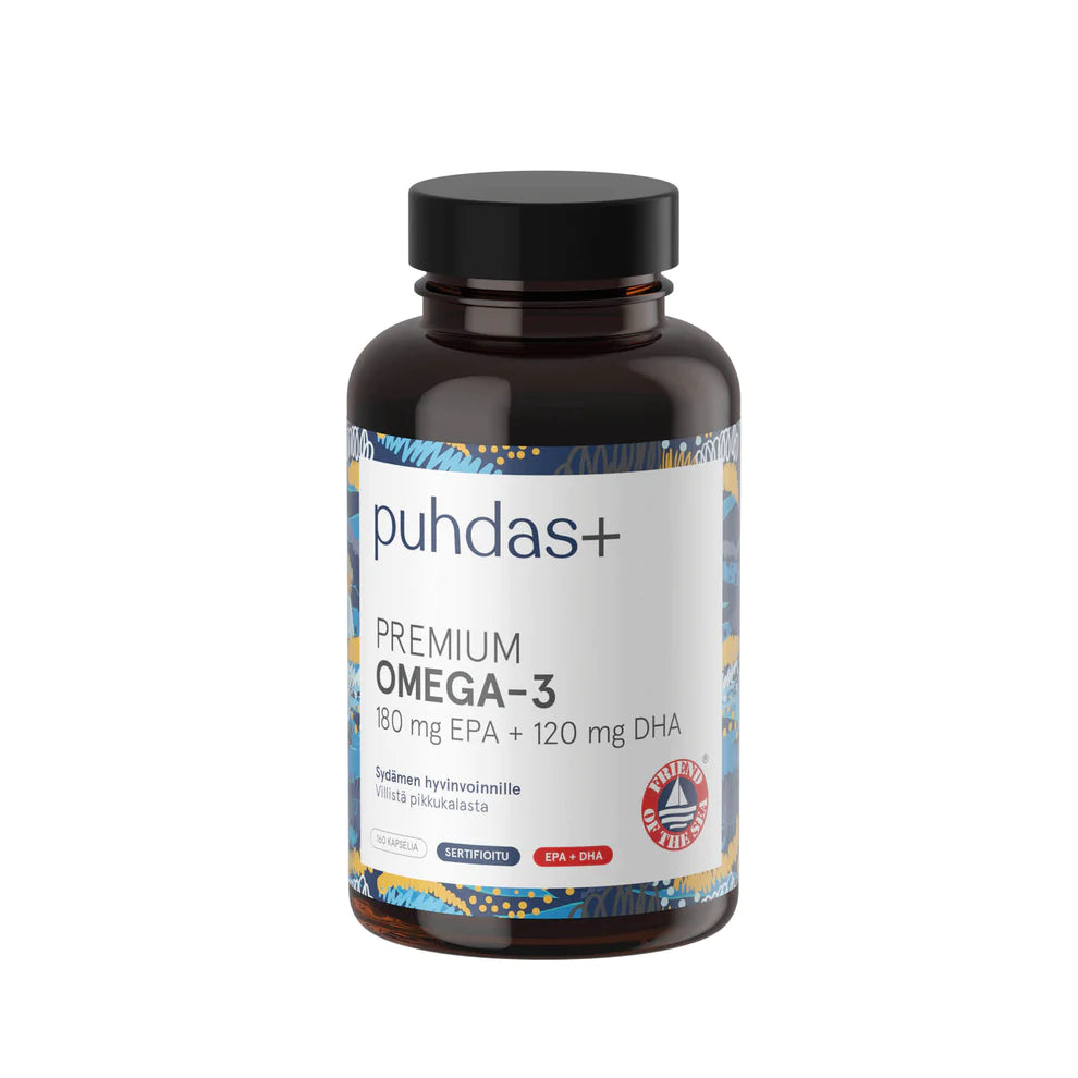 Puhdas+ Premium Omega-3 180 mg EPA + 120 mg DHA 160 kaps. - Päiväys 29/04/2024