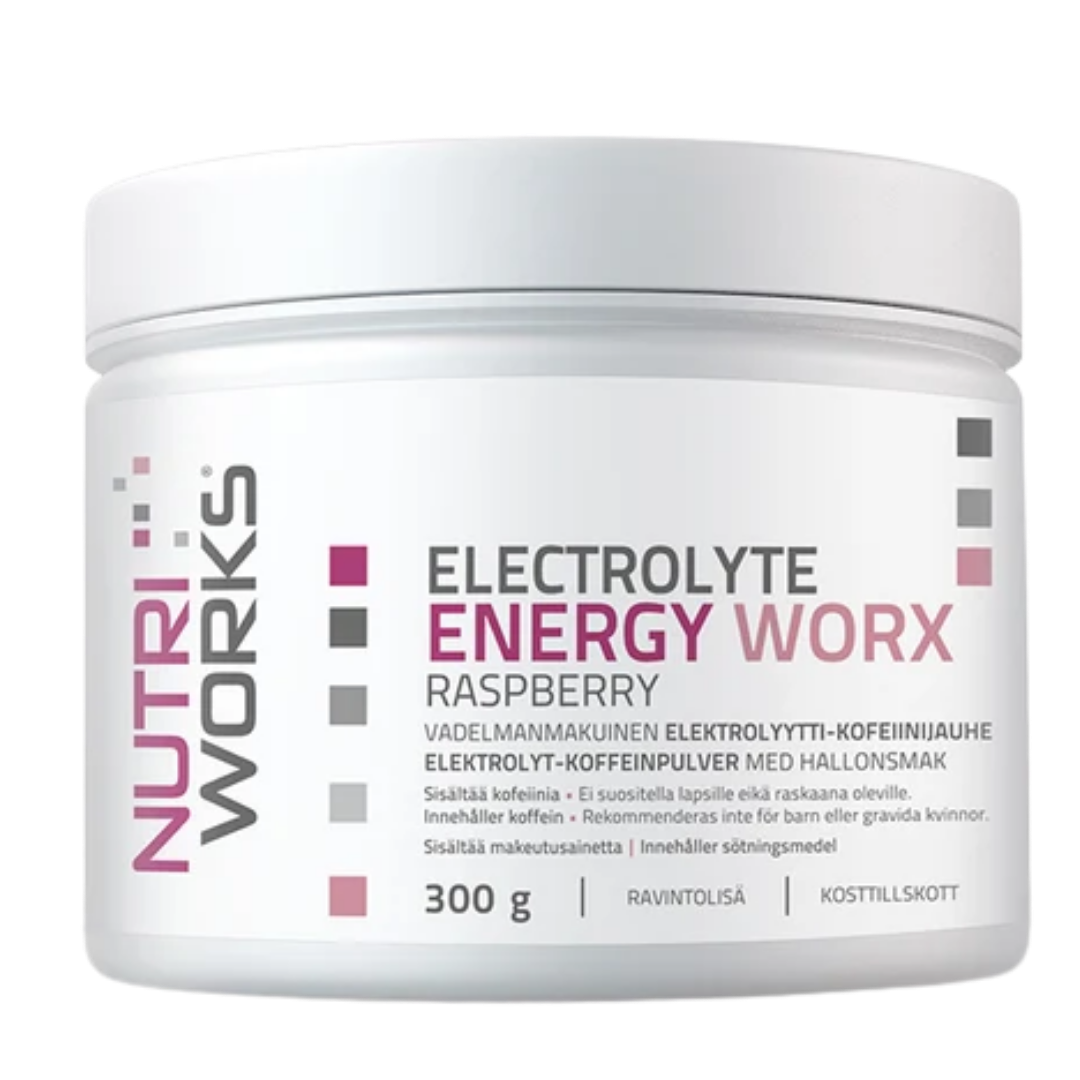 Nutri Works Electrolyte Energy Worx - Elektrolyytti-Kofeiinijauhe Vadelma 300 g