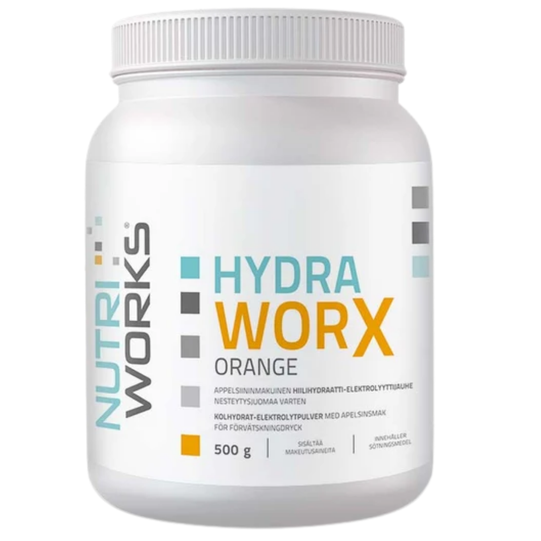 Nutri Works Hydra Worx Orange - Appelsiininmakuinen hiilihydraatti-elektrolyyttijauhe 500 g