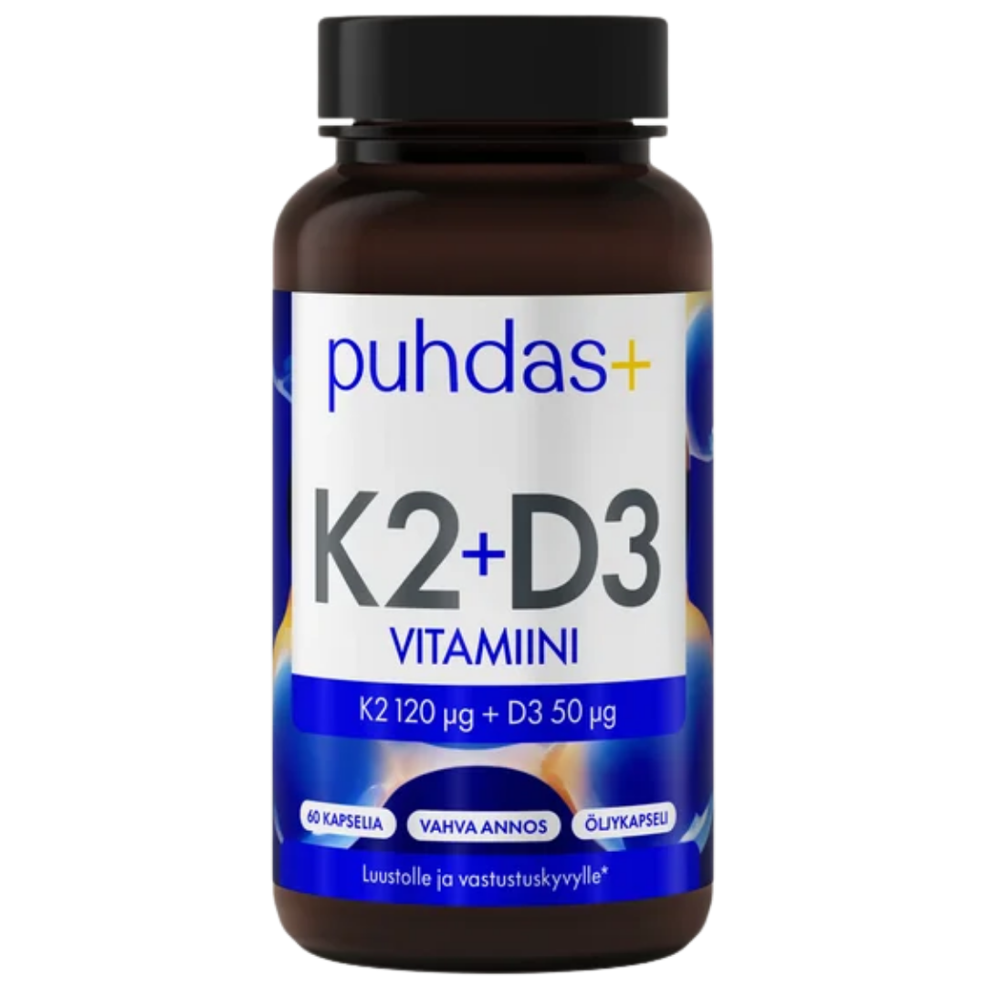 Puhdas+ K2-vitamiini 120 µg + D3-vitamiini 50 µg 60 kaps.