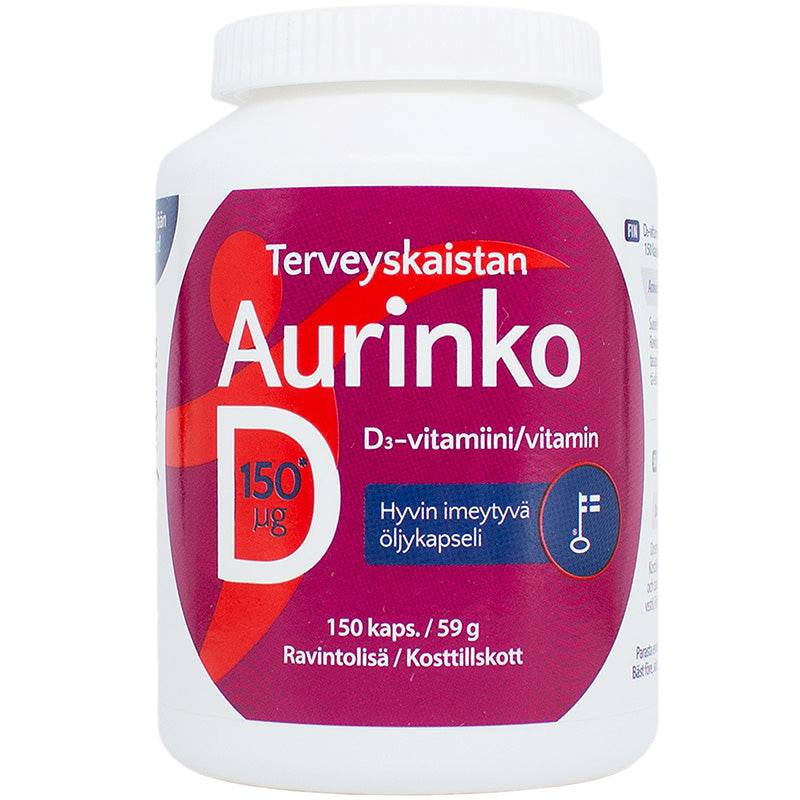 Terveyskaista Aurinko D3-vitamiini vahva 150 µg 150 kaps. - Päiväys 08/2024