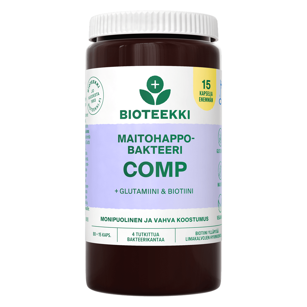 Bioteekki Maitohappobakteeri COMP + Glutamiini & Biotiini 80 + 15 kaps.