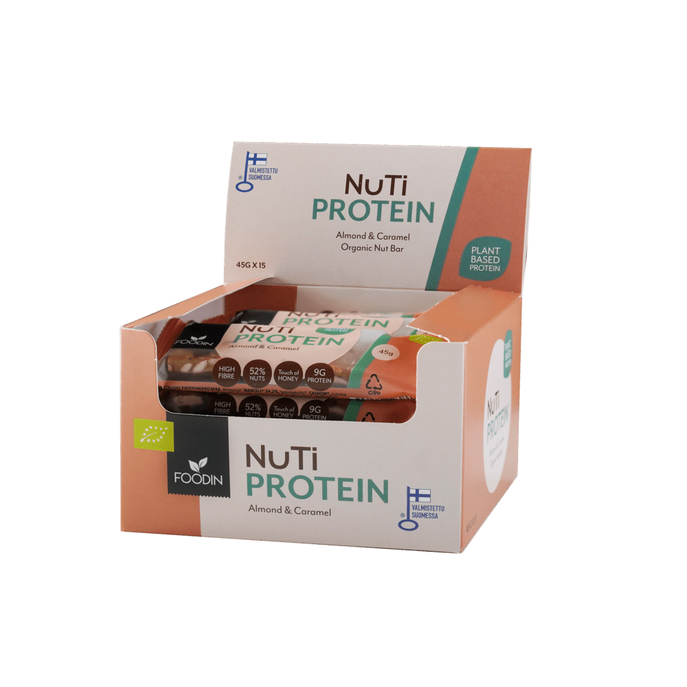 Foodin NUTI Protein Almond & Caramel - Proteiinipähkinäpatukka 45 g x 15 kpl TUKKUPAKKAUS