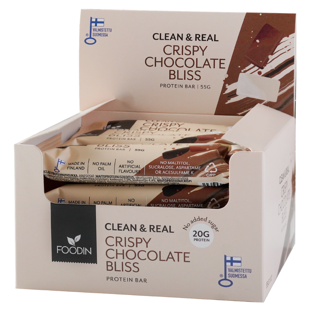 Foodin Clean & Real Protein Bar Crispy Chocolate Bliss  - Proteiinipatukka 12 x 55 g TUKKUPAKKAUS - Sinunapteekki.fi