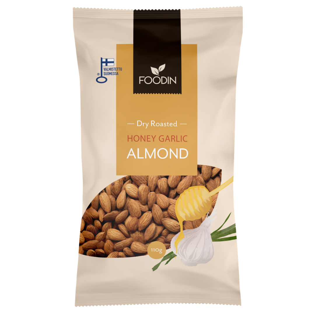 Foodin Dry Roasted Honey Garlic Almond - Paahdetut Hunaja Valkosipuli Mantelit 110 g - Sinunapteekki.fi