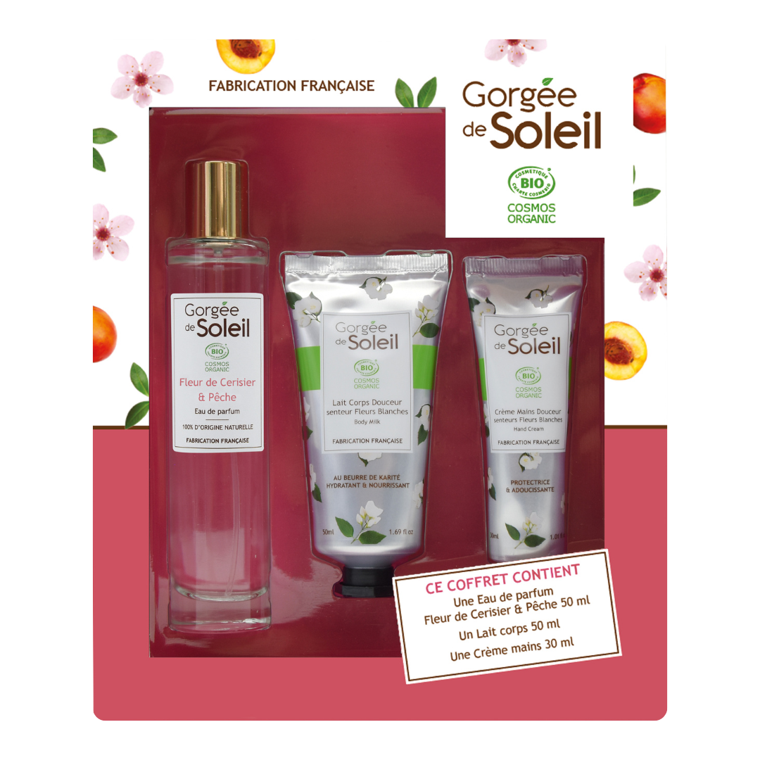 Gorgee de Soleil Bio, Lahjapakkaus naisille Kirsikankukka ja Persikka, hajuvesi, käsivoide, käsirasva, vartalovoide, sinunapteekki.fi