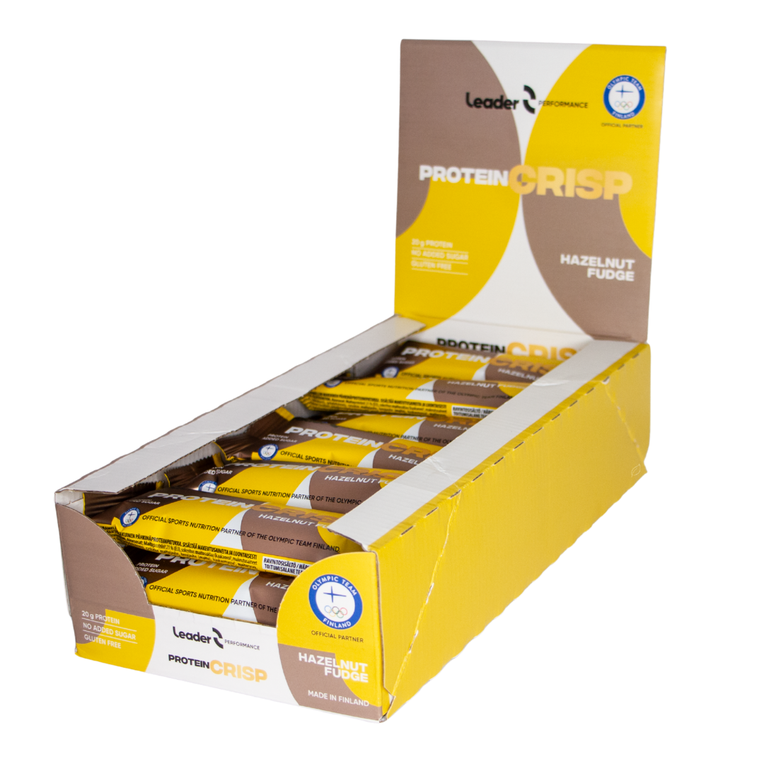 18 kappaleen tukkupakkaus Leader Performance Crisp Hazelnut Fudge-proteiinipatukoita