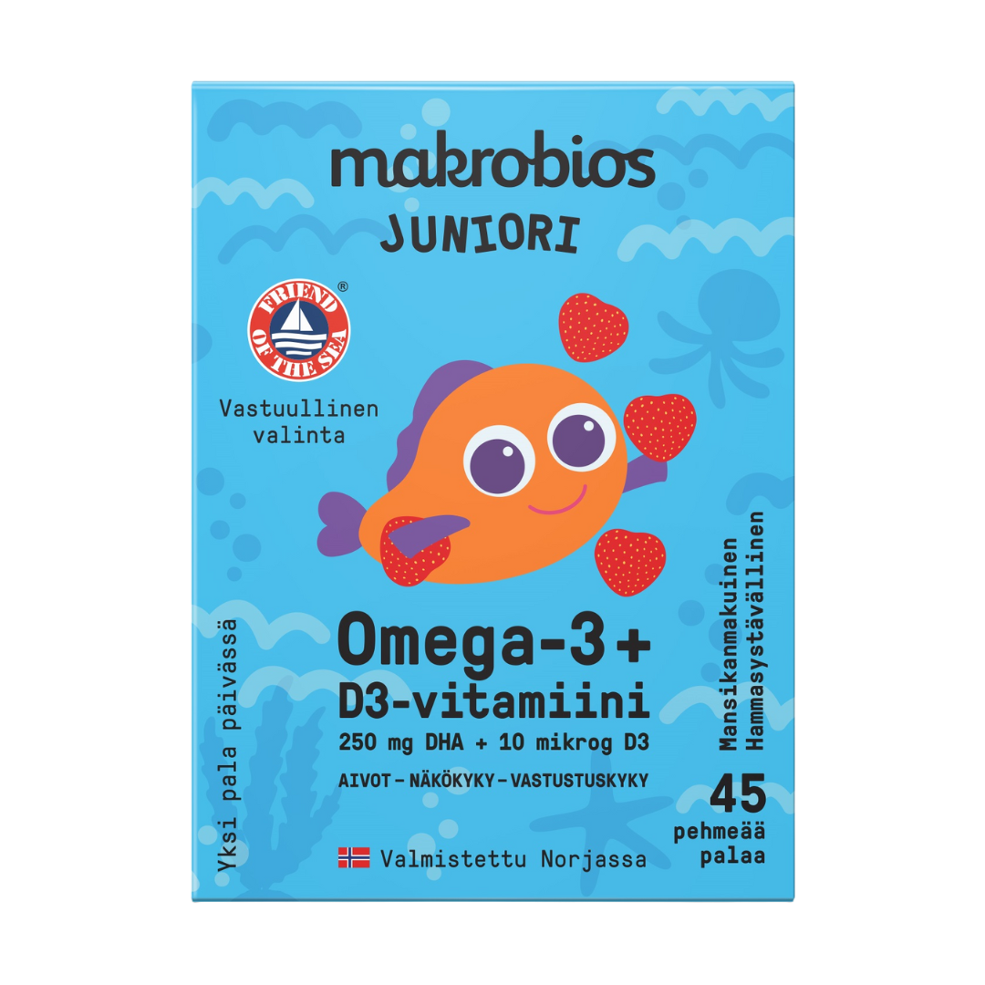 Makrobios Juniori Omega-3 + D3-vitamiini 45 geelipalaa