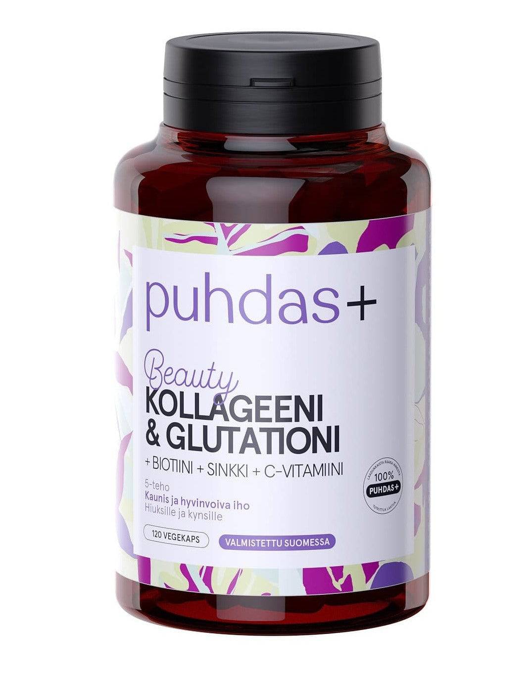 Puhdas+ Beauty Kollageeni & Glutationi + Biotiini + Sinkki + C-vitamiini 120 vegekaps. - Päiväys 11/2023 - poistuu