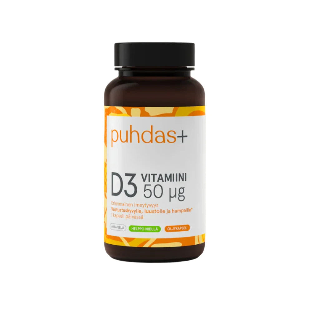 Puhdas+ D3-vitamiini Oliiviöljy 50 µg 60 kaps.