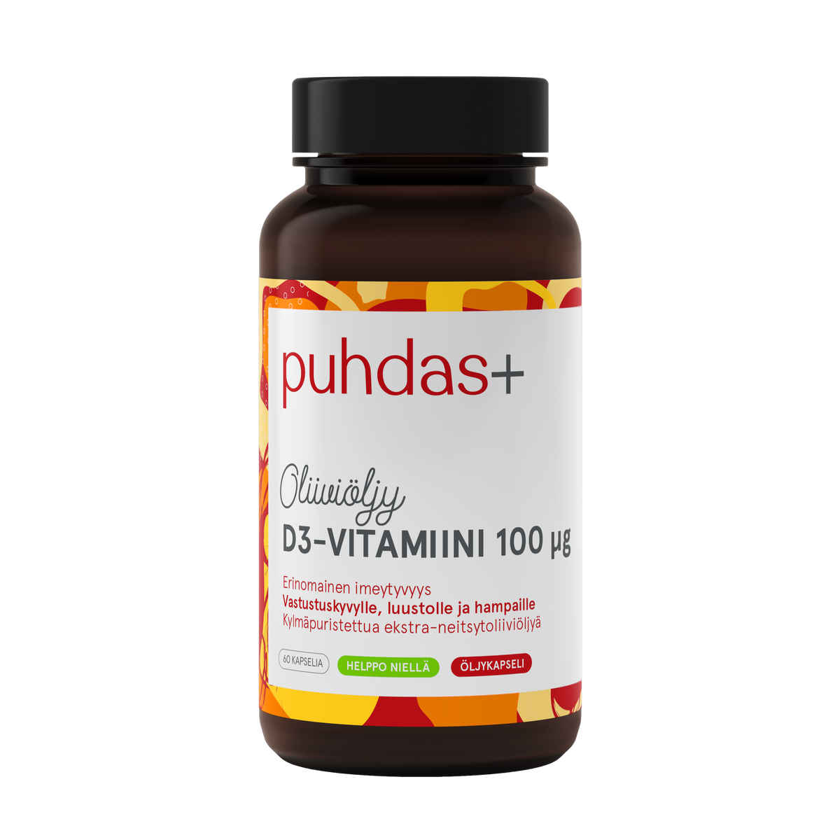 Puhdas+ Oliiviöljy D3-Vitamiini 100 µg 60 kaps. - Päiväys 07/2024 - erä