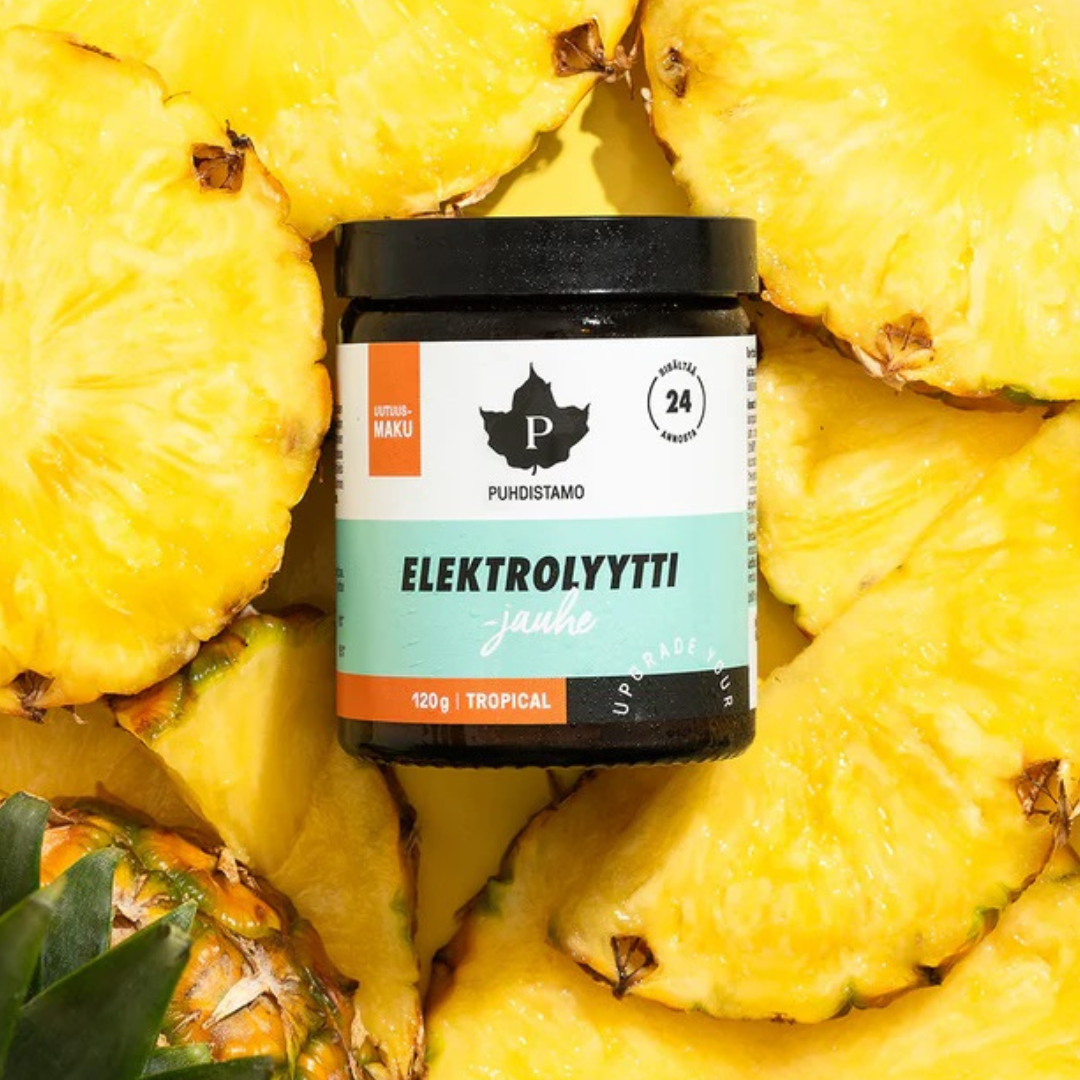 Puhdistamo Elektrolyyttijauhe Tropical 120 g nesteytys, liikunta, urheilu, nesteyttäjä, elektrolyytit, hikoilu, sinunapteekki.fi