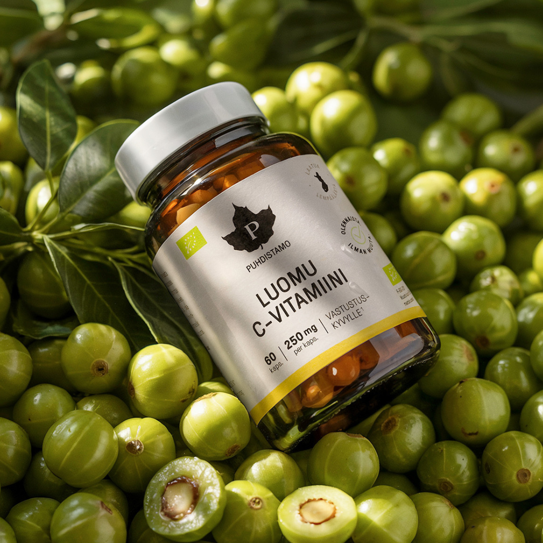 Puhdistamo Luomu C-vitamiini 250 mg 60 kaps. vastustuskyky, hermosto, immuunijärjestelmä, väsymys, uupumus, sinunapteekki.fi