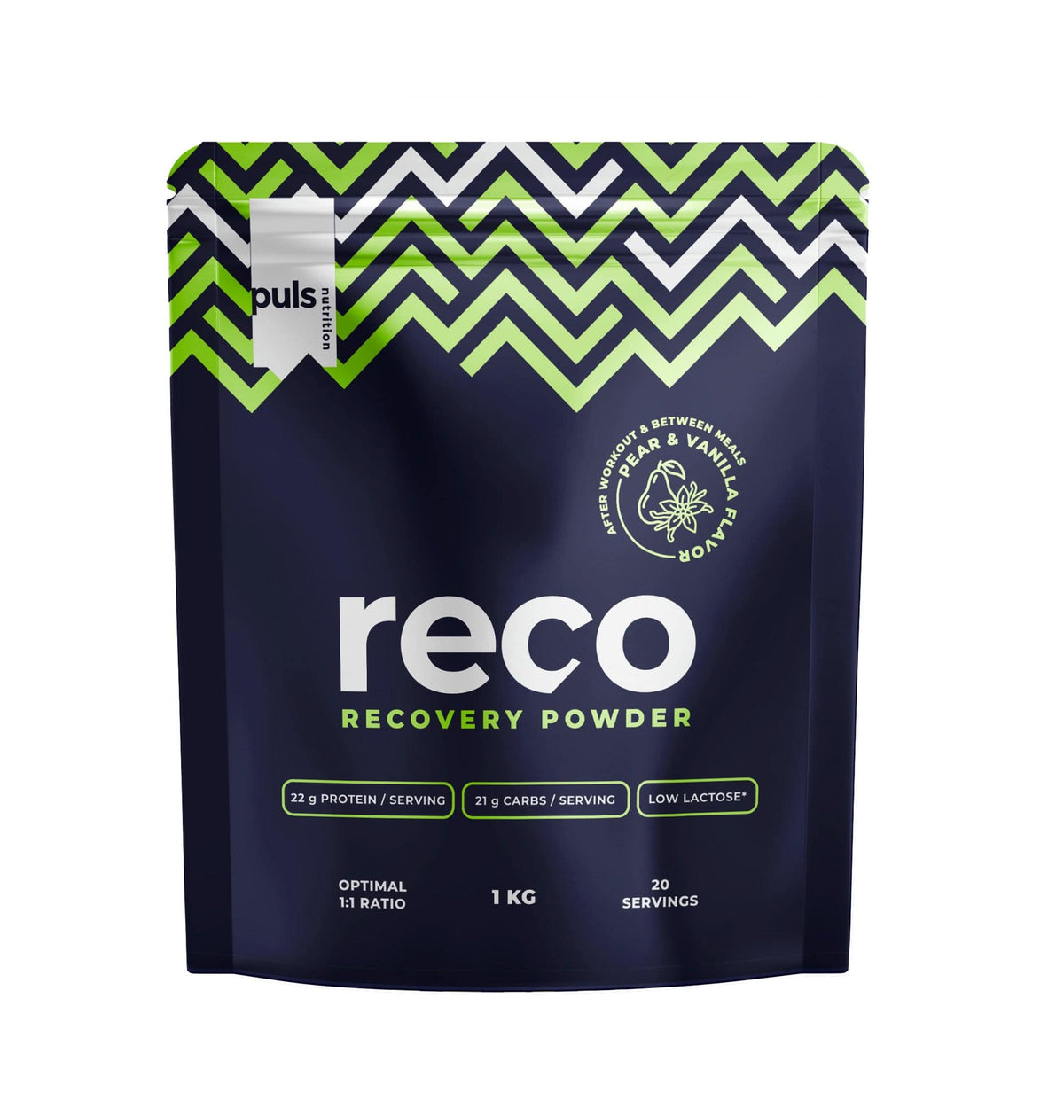 Puls Nutrition Reco Recovery Powder - Päärynä & Vanilja 1 kg - Vähälaktoosinen