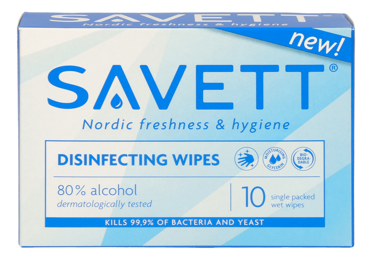 Savett Disinfecting Wipes - Kosteuspyyhkeet 10 kpl - Ihon desinfiointiin ja puhdistukseen.
