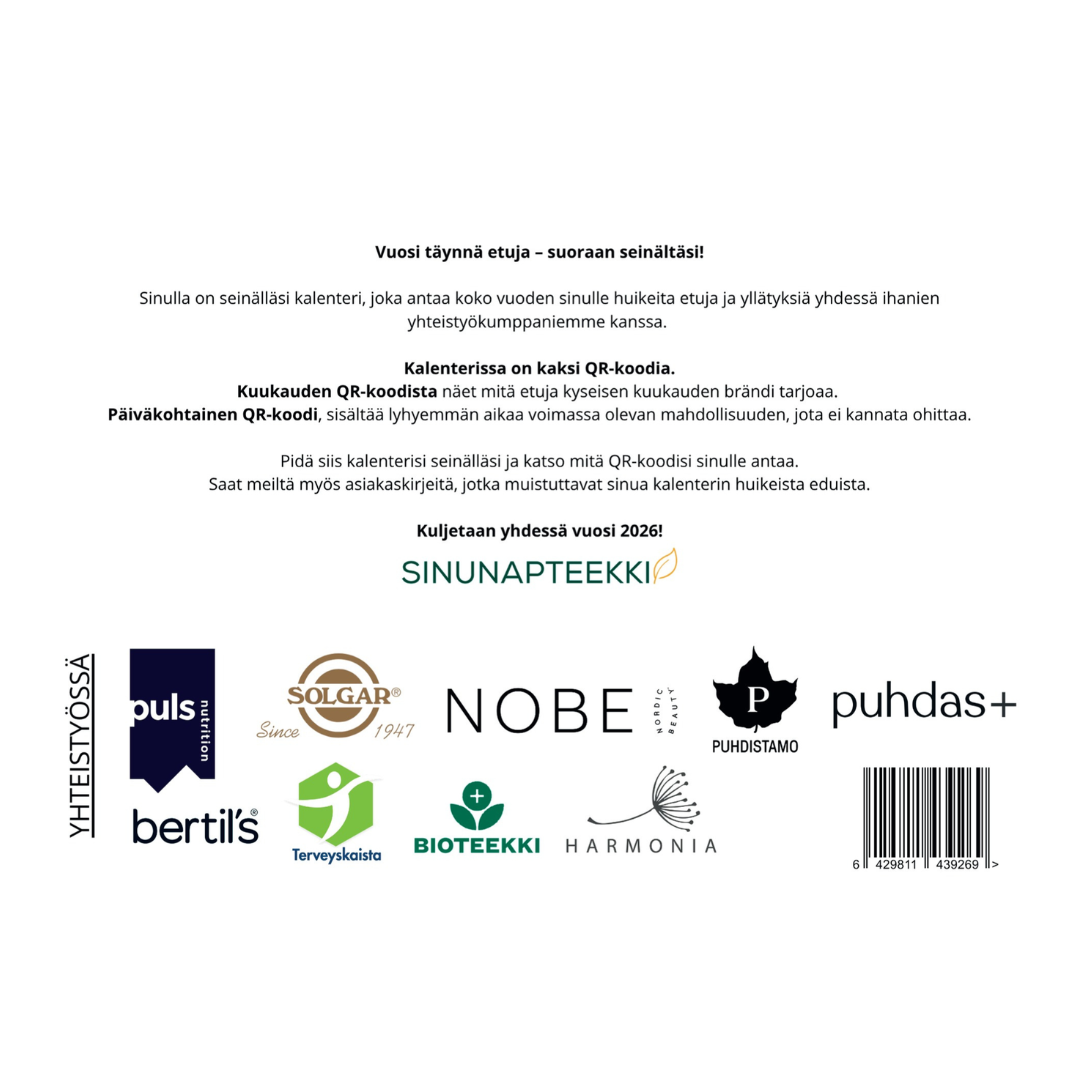 Sinunapteekin Vuosikalenteri vuodelle 2026 takakansi