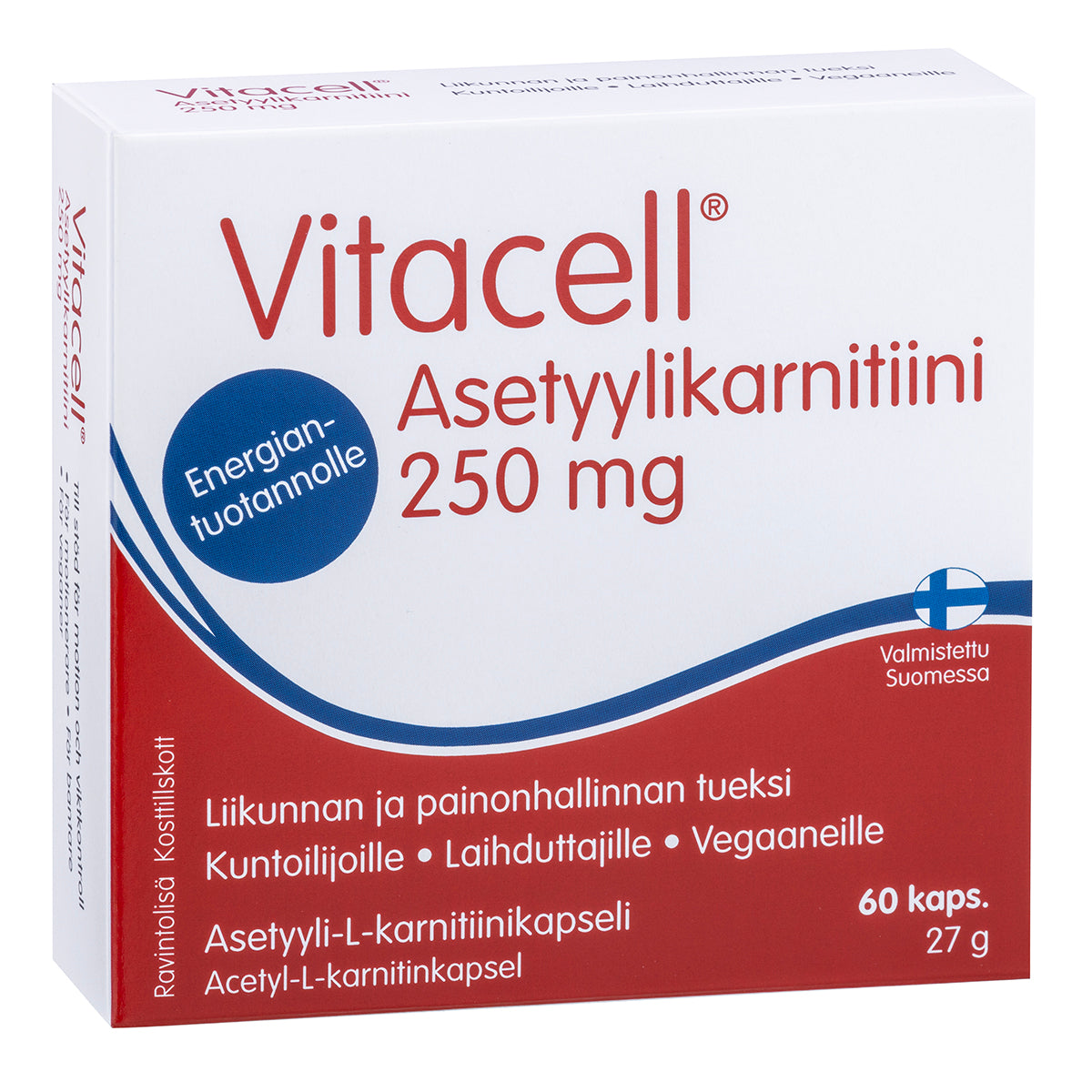 Vitacell Asetyylikarnitiini 250 mg 60 kaps. - Päiväys 12/2023 (huom. kuva uudistuneesta pakkauksesta)