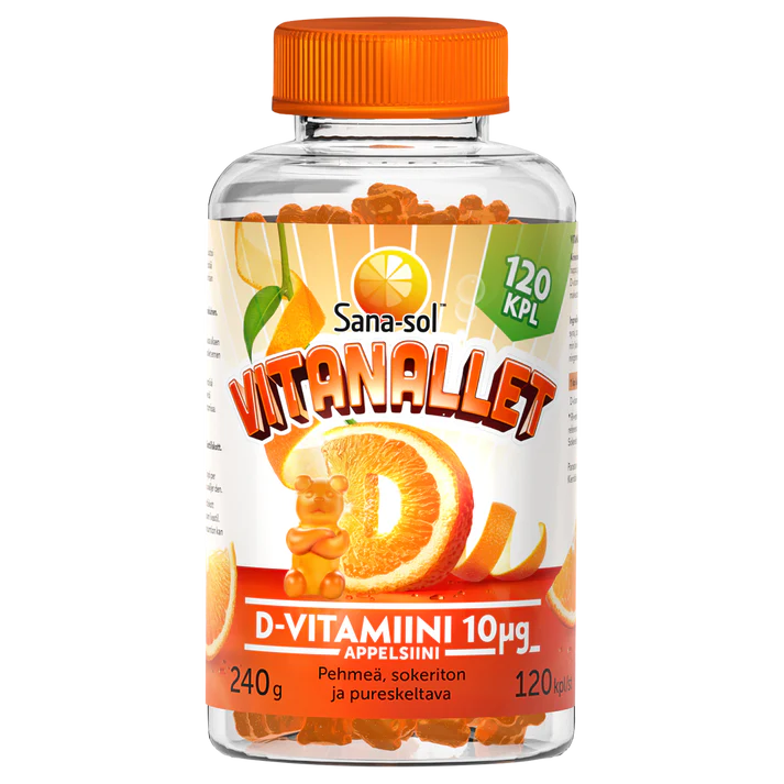 Sana-sol Vitanallet D-Vitamiini Appelsiini 10 µg 120 kpl.