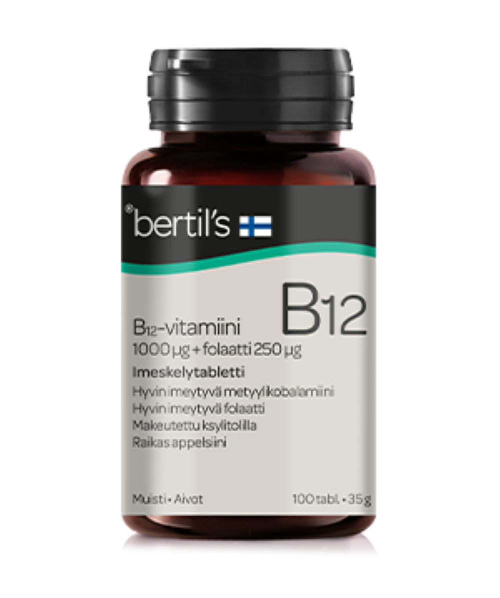 Bertil's Vitamin B12-vitamiini 1000 µg + folaatti 250 µg - maku: raikas appelsiini 100 tabl.