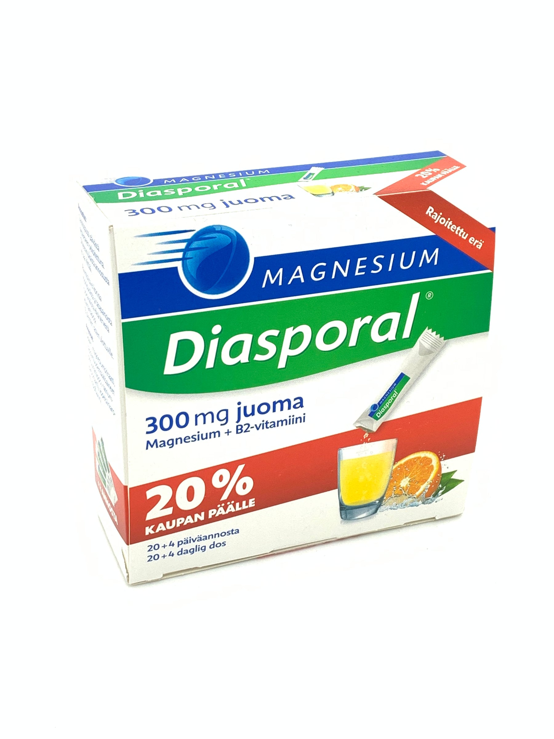 Magnesium Diasporal 300 mg magnesiumsitraatti - Appelsiinin makuinen juomajauhe - kampanjapakkaus 20+4