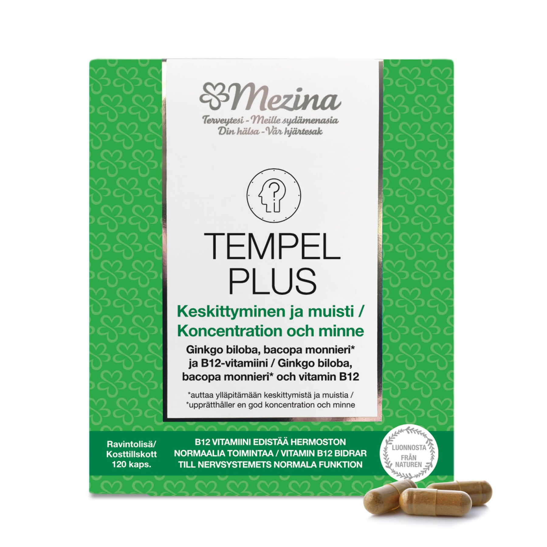 Tempel Plus - Ginkgo Biloba, Bacopa Monnieri ja B12-vitamiini - 120 kaps.