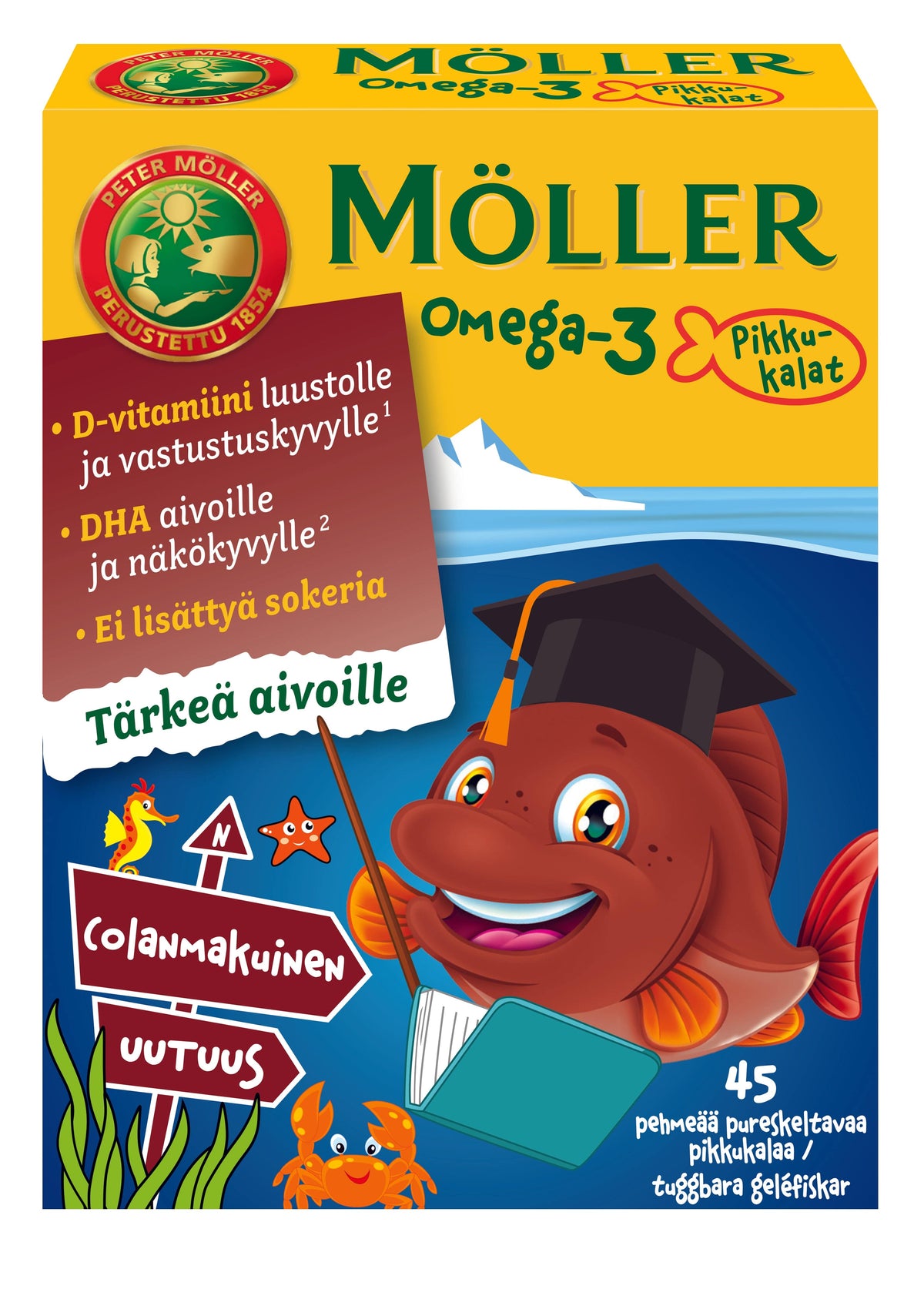 Möller Omega-3 Pikkukalat Colanmakuinen 45 pehmeää pureskeltavaa pikkukalaa - erä - Päiväys 12/2024 - Sinunapteekki.fi
