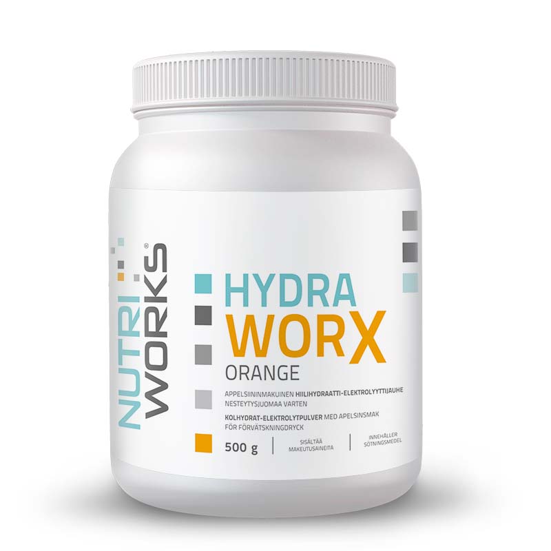 Nutri Works Hydra Worx Orange - Appelsiininmakuinen hiilihydraatti-elektrolyyttijauhe 500 g - Päiväys 03/2024