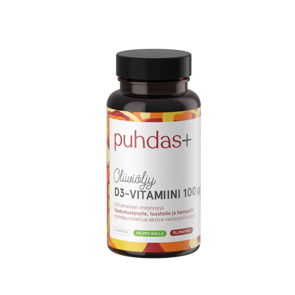 Puhdas+ D3-vitamiini Oliiviöljy 100 µg 120 kaps. - Päiväys 07/2024