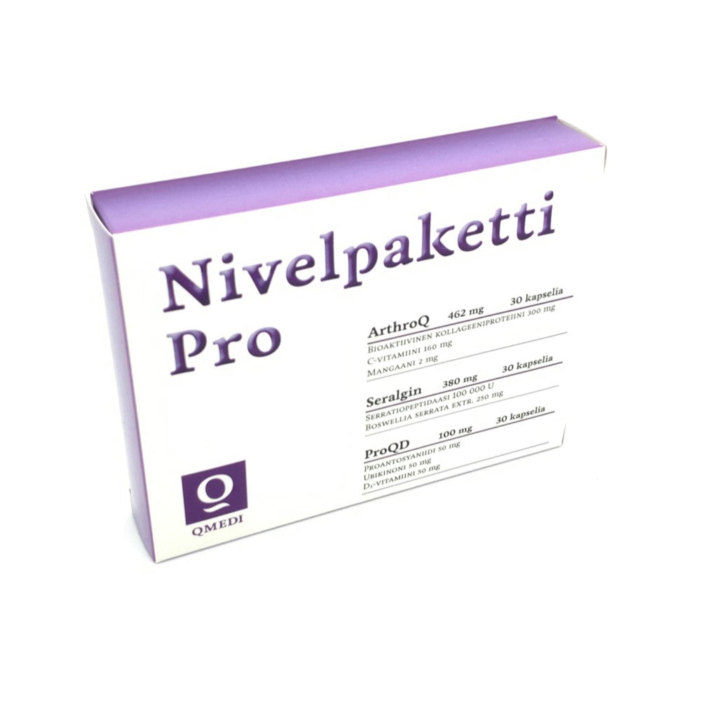 Q Medi Nivelpaketti Pro - ArthroQ 462 mg 30 kaps, Seralgin 350 mg 30 kaps, ProQD 100 mg 30 kaps.